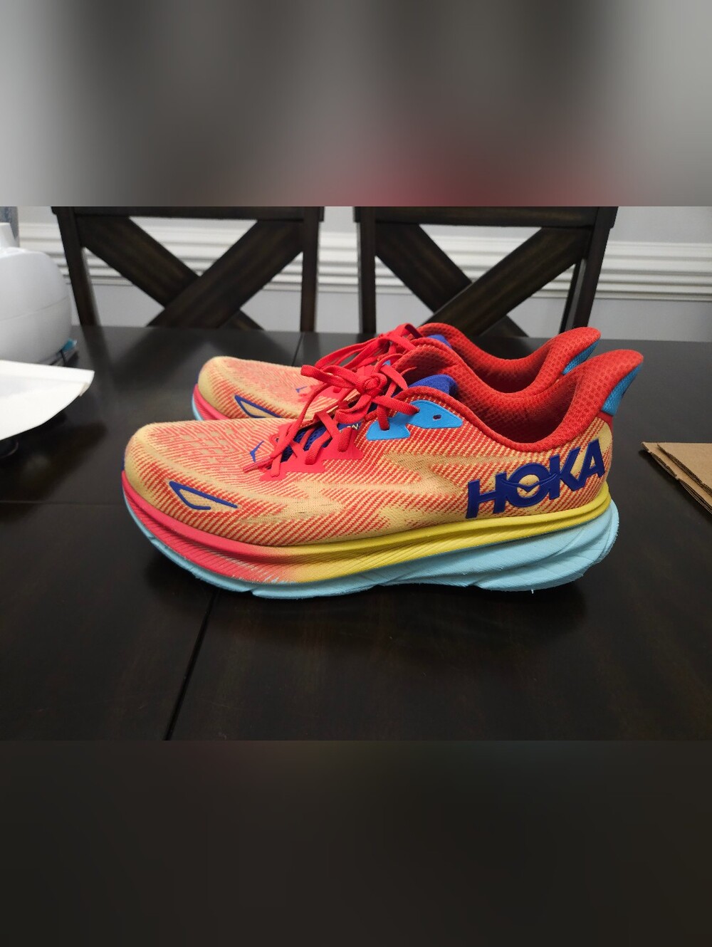 HOKA Clifton 9 Wide running shoes Size 14 in the Cerise/Cloudless colorway